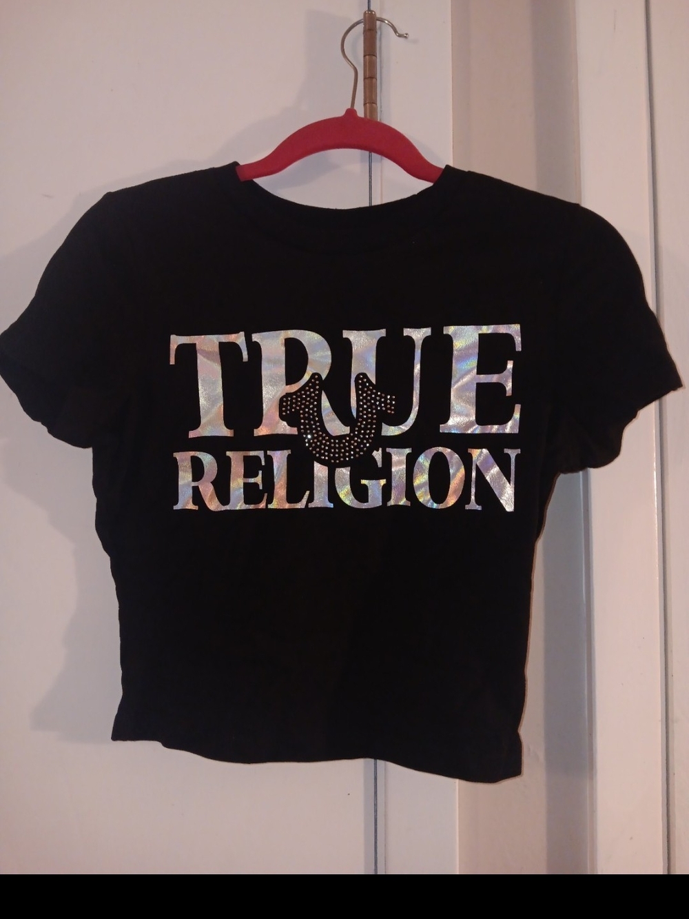 True Religion Black Crop Tee with Holographic Logo
